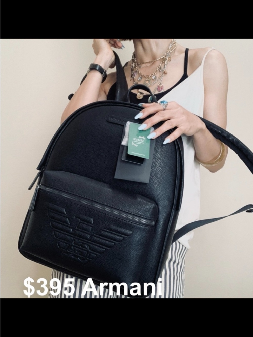 Emporio Armani Black Pebbled Leather Logo Backpack